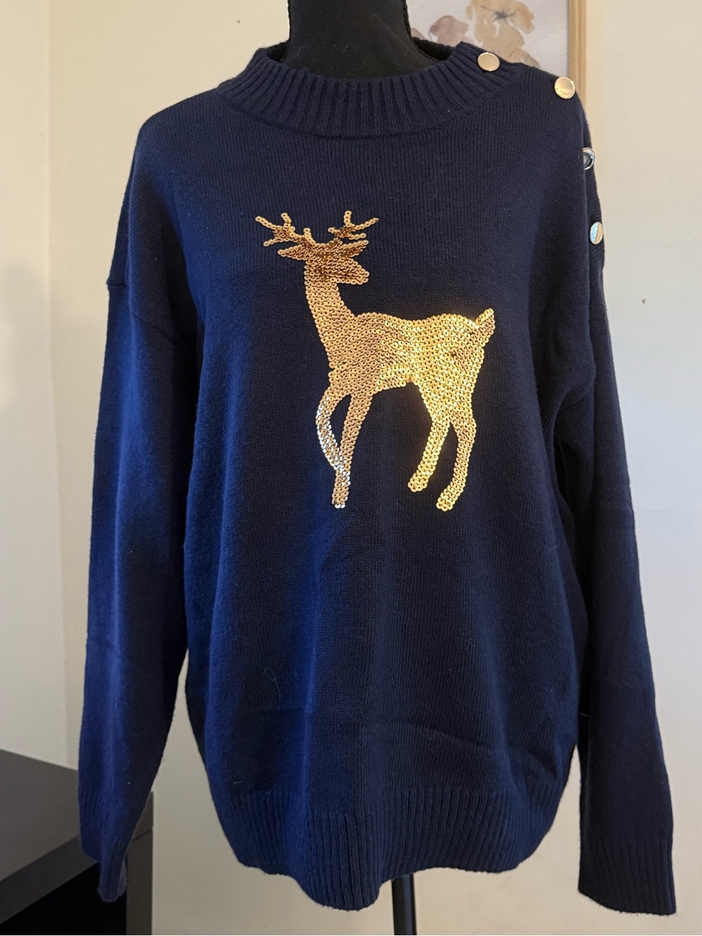 Talbots Navy Woman’s Sweater with Gold Reindeer Motif
